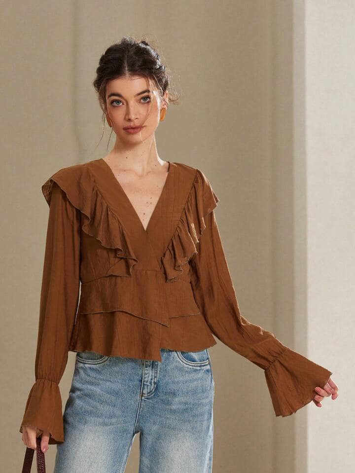 CM-TS378848 Women Elegant Seoul Style V-Neck Asymmetric Ruffle Bow Tie Flare Sleeve Blouse