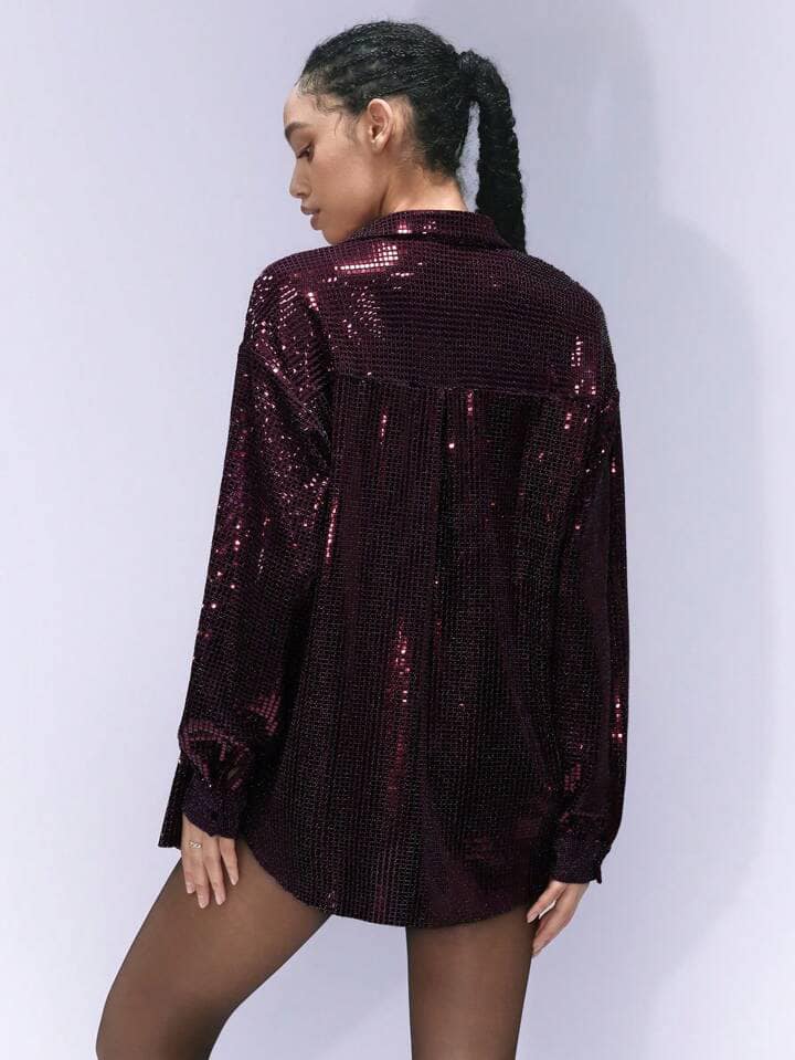 CM-TS740485 Women Elegant Seoul Style Shiny Sequin Lapel Collar Loose Long Sleeve Blouse