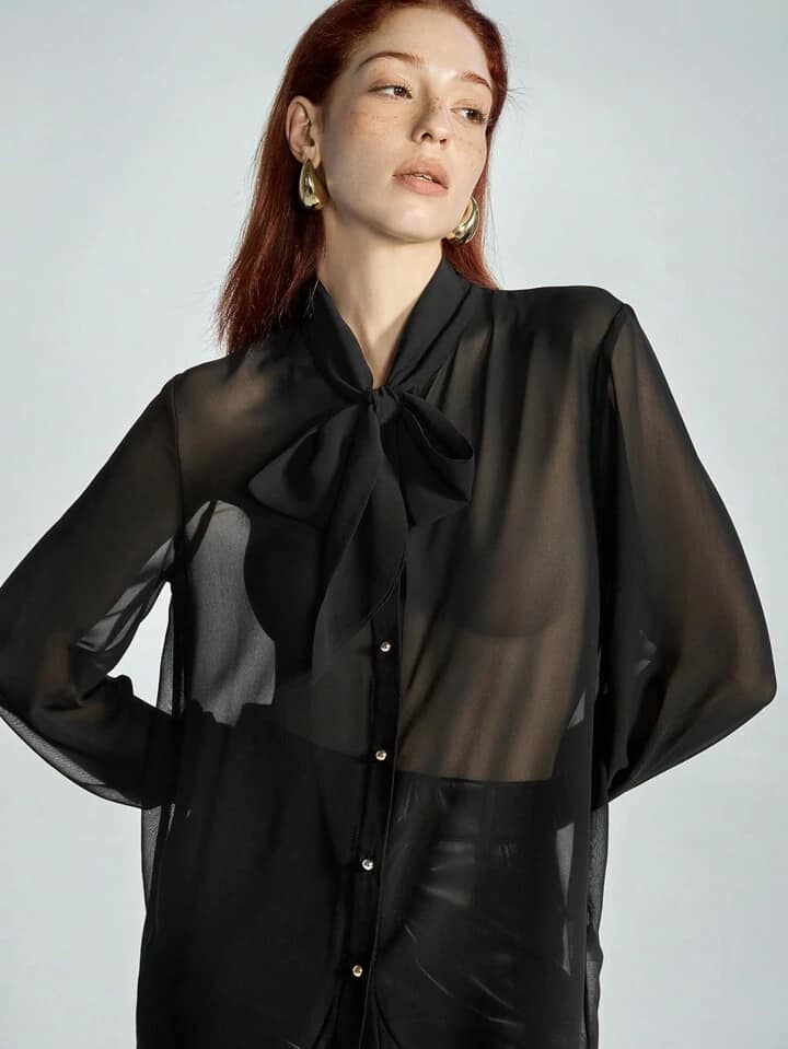 CM-TS183720 Women Casual Seoul Style V-Neck Tie Collar Ribbon Button Down Long Sleeve Blouse - Black
