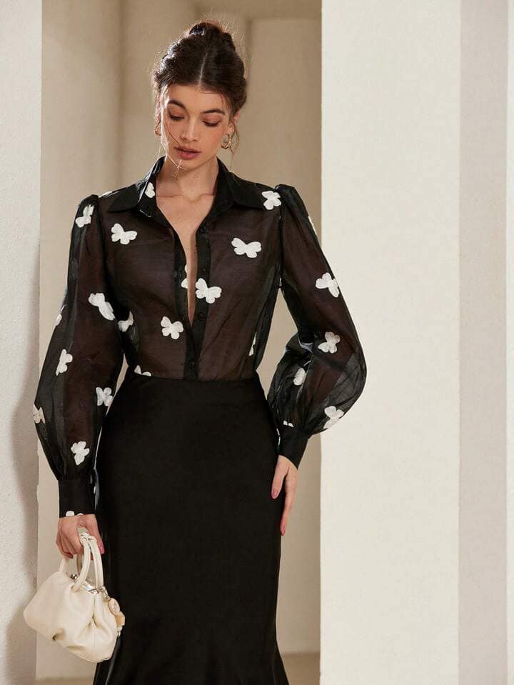 CM-TS286881 Women Casual Seoul Style Butterfly Embroidered Bishop Sleeve See-Through Collared Shirt