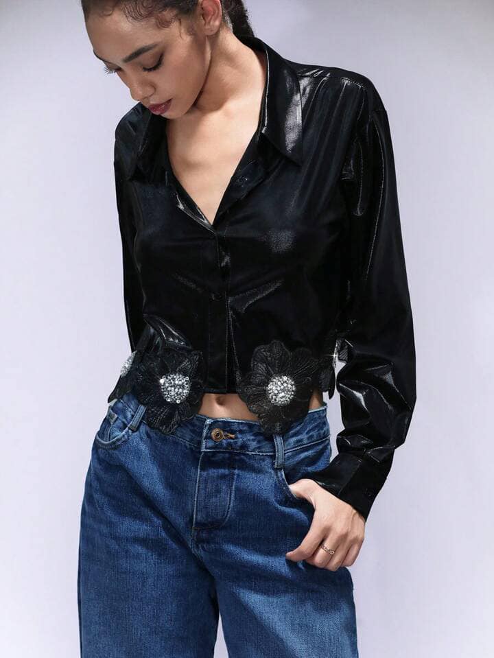 CM-TS144112 Women Elegant Seoul Style Sequined Metallic Puff Sleeve Embellished Floral Cropped Blouse