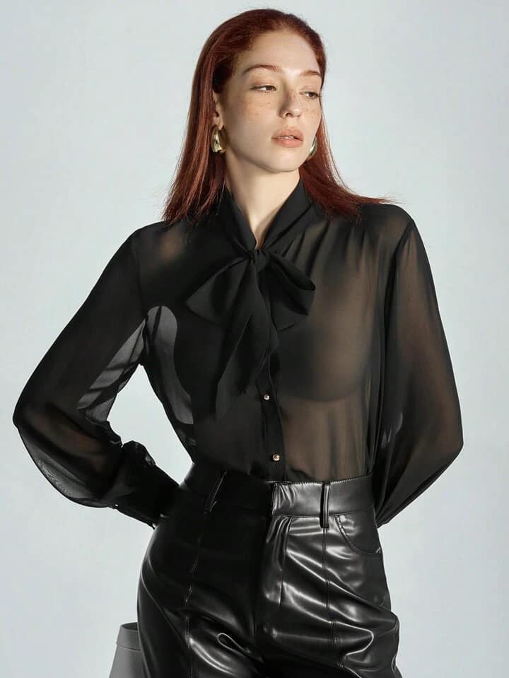 CM-TS183720 Women Casual Seoul Style V-Neck Tie Collar Ribbon Button Down Long Sleeve Blouse - Black