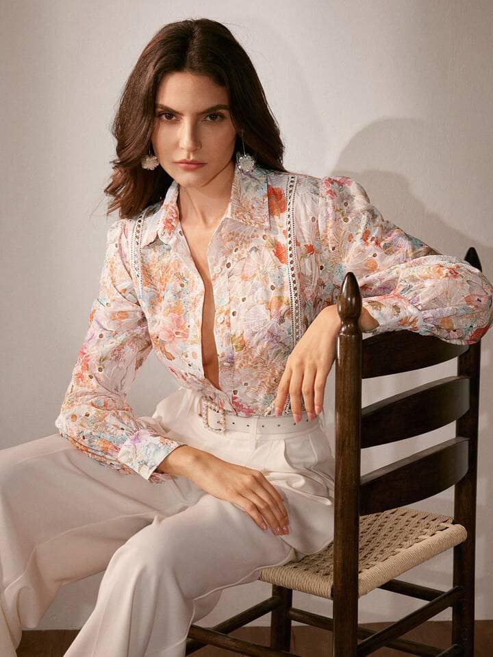 CM-TS048222 Women Elegant Seoul Style Floral Embroidered Long Sleeve Loose Blouse