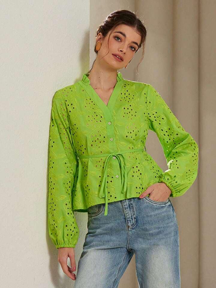 CM-TS799145 Women Trendy Bohemian Style V-Neck Hollow Embroidered Lantern Sleeve Tie Hem Blouse