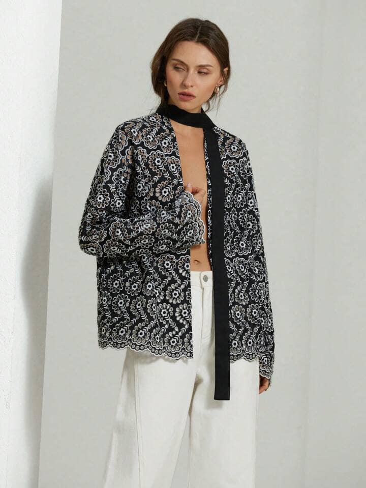 CM-TS999170 Women Trendy Bohemian Style Embroidered Self-Tie Waist V-Neck Lantern Sleeve Blouse