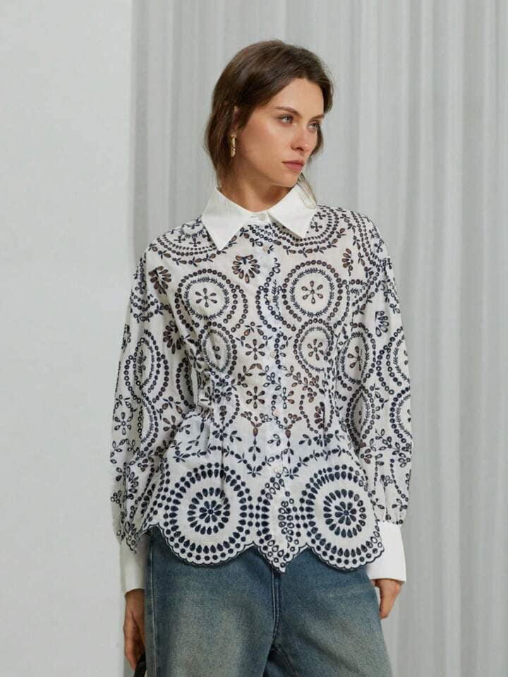 CM-BS876507 Women Trendy Bohemian Style Long Sleeve Trim Line Embroidered Collar Splicing Blouse
