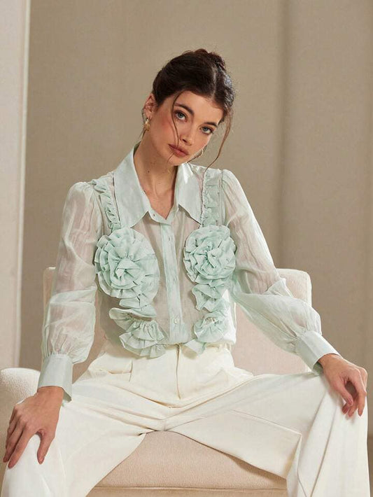 CM-TS396359 Women Elegant Seoul Style Floral 3D Decor Turn-Down Collar Button Long Sleeve Shirt