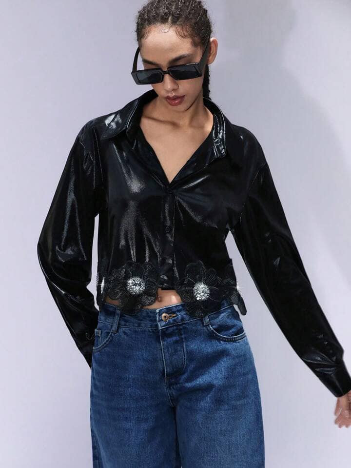 CM-TS144112 Women Elegant Seoul Style Sequined Metallic Puff Sleeve Embellished Floral Cropped Blouse