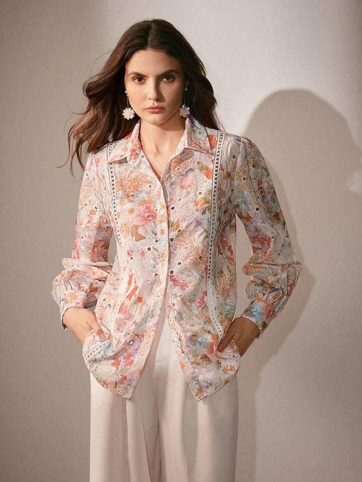 CM-TS048222 Women Elegant Seoul Style Floral Embroidered Long Sleeve Loose Blouse
