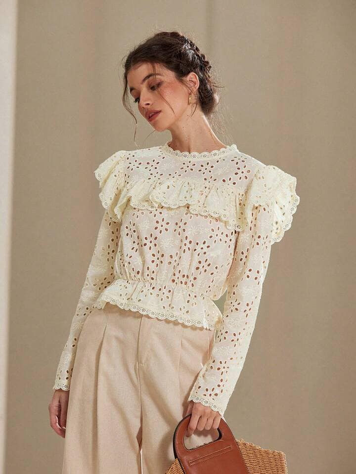 CM-TS477171 Women Elegant Seoul Style Embroidered Eyelet Ruffled Collar Long Sleeve Blouse - Apricot