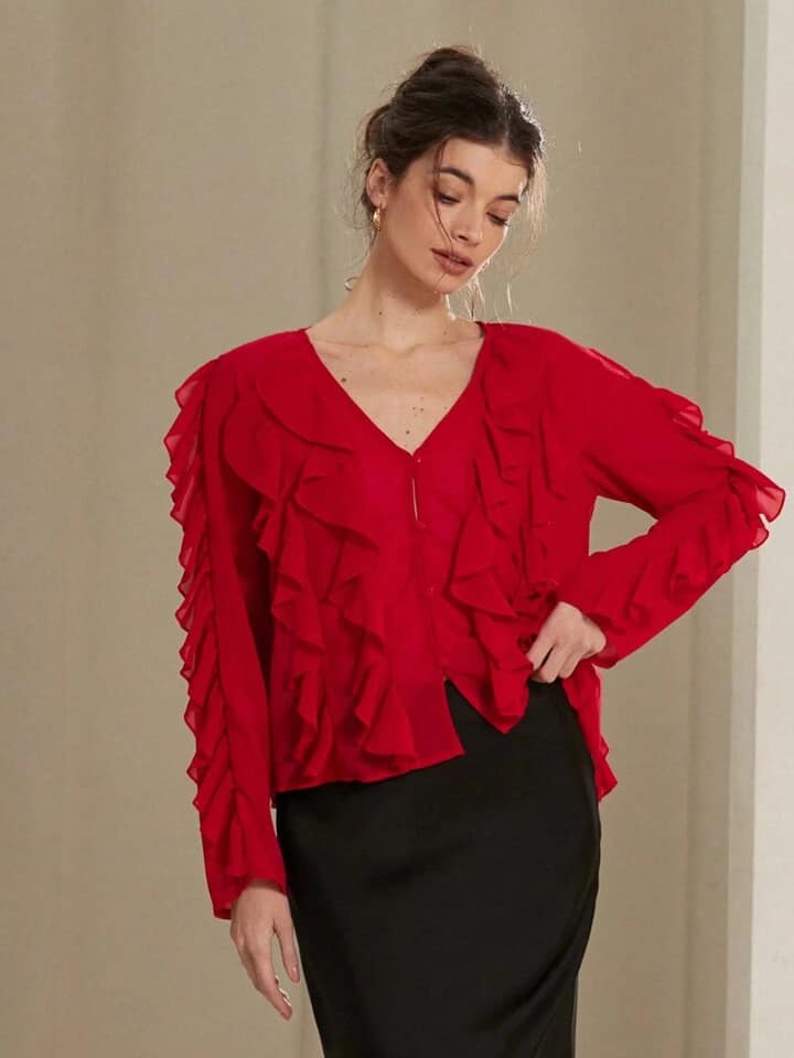 CM-TS974718 Women Elegant Seoul Style Chiffon V-Neck Button Layered Ruffle Long Sleeve Blouse - Red