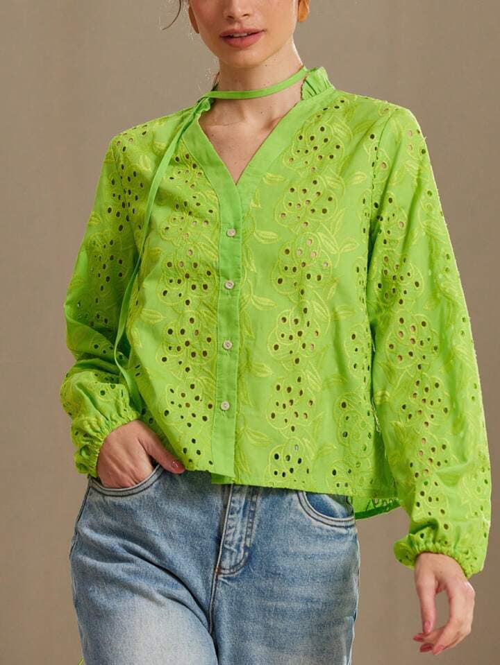 CM-TS799145 Women Trendy Bohemian Style V-Neck Hollow Embroidered Lantern Sleeve Tie Hem Blouse