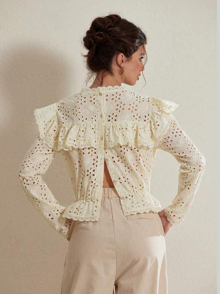 CM-TS477171 Women Elegant Seoul Style Embroidered Eyelet Ruffled Collar Long Sleeve Blouse - Apricot