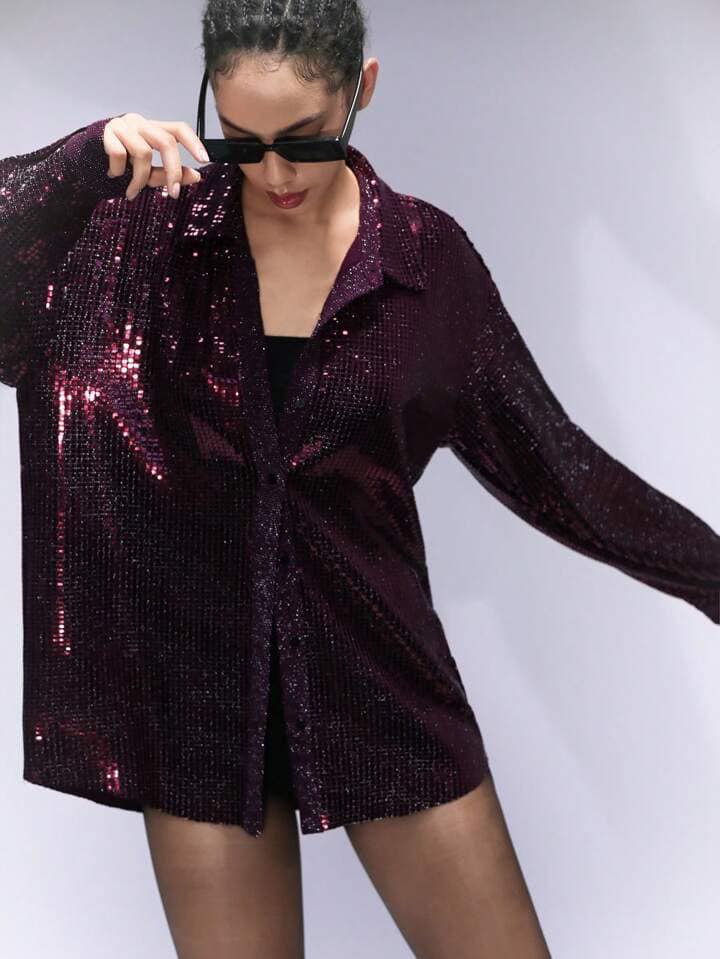 CM-TS740485 Women Elegant Seoul Style Shiny Sequin Lapel Collar Loose Long Sleeve Blouse
