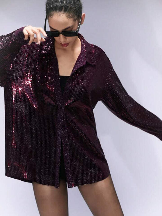 CM-TS740485 Women Elegant Seoul Style Shiny Sequin Lapel Collar Loose Long Sleeve Blouse