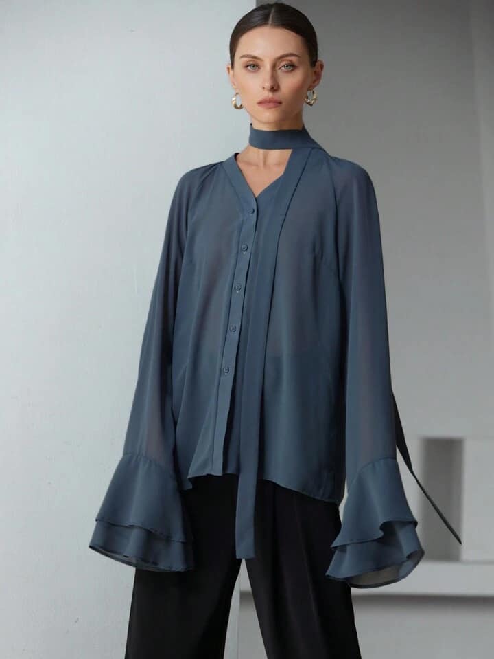 CM-TS545045 Women Elegant Seoul Style Chiffon Sheer Ruffle Sleeve Stand Collar Long Sleeve Blouse