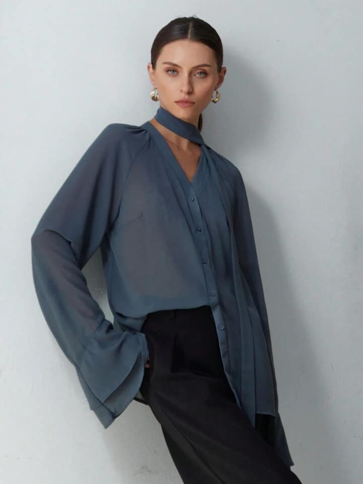 CM-TS545045 Women Elegant Seoul Style Chiffon Sheer Ruffle Sleeve Stand Collar Long Sleeve Blouse