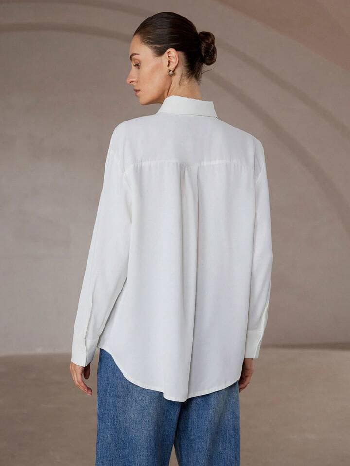 CM-TS227533 Women Elegant Seoul Style Floral Applique Long Sleeve Button-Up Shirt - White