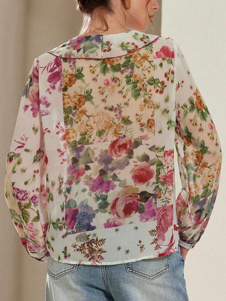 CM-TS828679 Women Trendy Bohemian Style Floral Print Layered Decorative Long Sleeve Blouse
