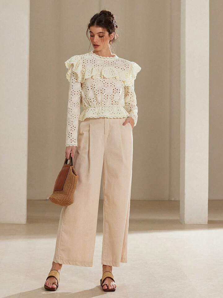CM-TS477171 Women Elegant Seoul Style Embroidered Eyelet Ruffled Collar Long Sleeve Blouse - Apricot