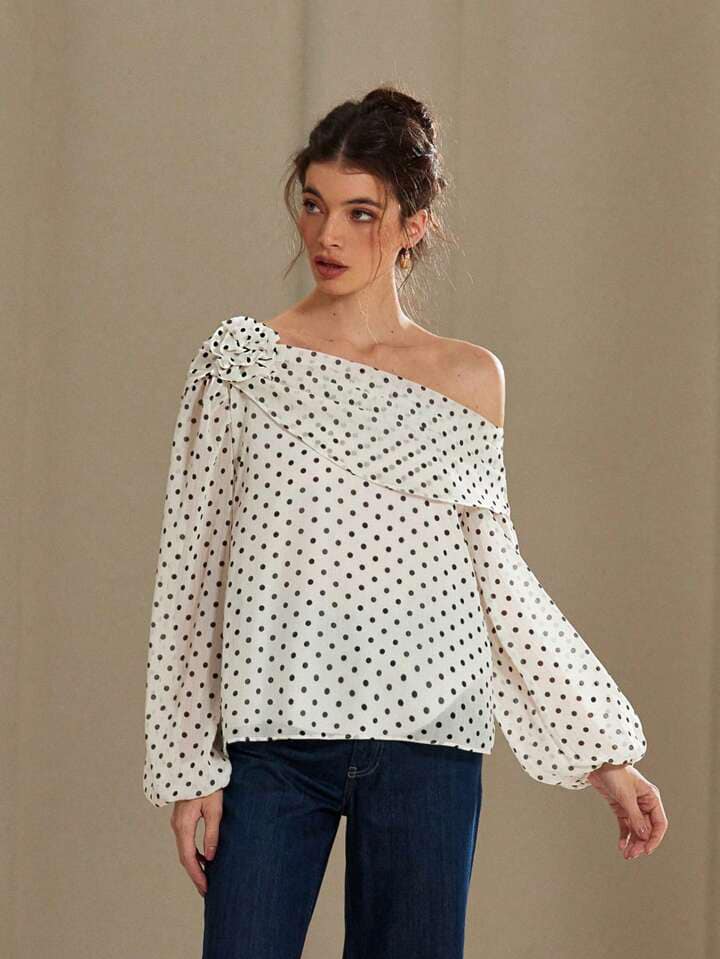 CM-TS429949 Women Elegant Seoul Style Slopped Shoulder Chiffon Floral Decor Polka Dot Long Sleeve Shirt