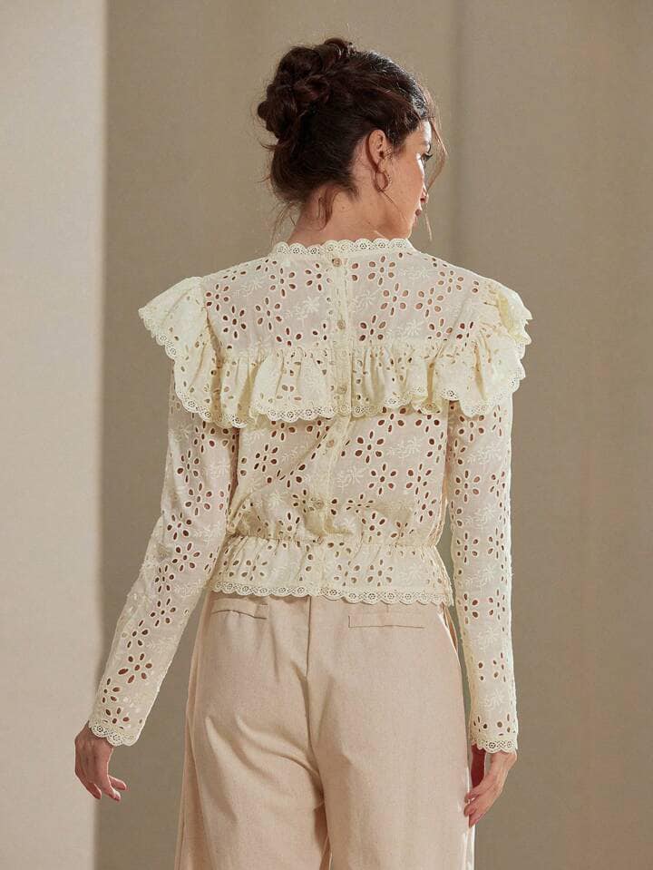 CM-TS477171 Women Elegant Seoul Style Embroidered Eyelet Ruffled Collar Long Sleeve Blouse - Apricot