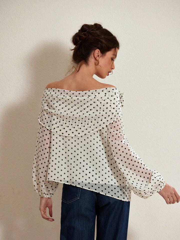 CM-TS429949 Women Elegant Seoul Style Slopped Shoulder Chiffon Floral Decor Polka Dot Long Sleeve Shirt