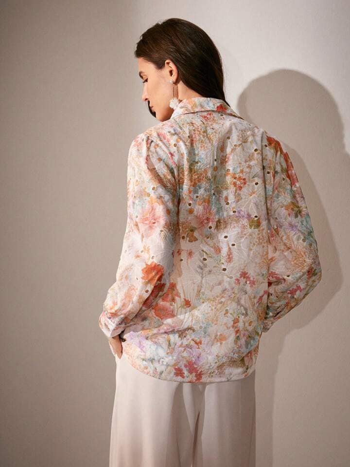 CM-TS048222 Women Elegant Seoul Style Floral Embroidered Long Sleeve Loose Blouse