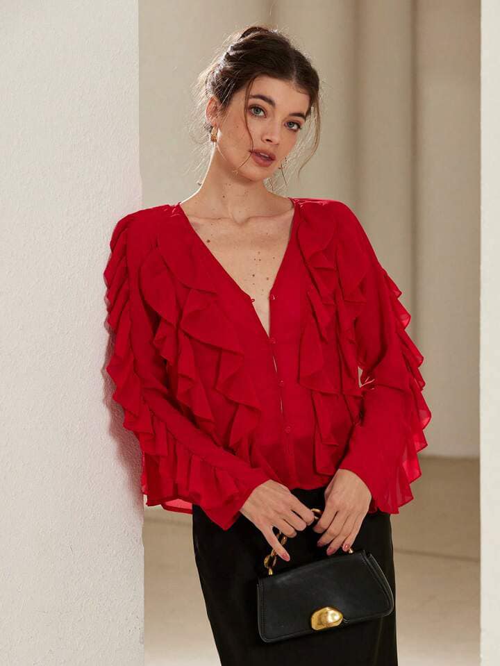 CM-TS974718 Women Elegant Seoul Style Chiffon V-Neck Button Layered Ruffle Long Sleeve Blouse - Red