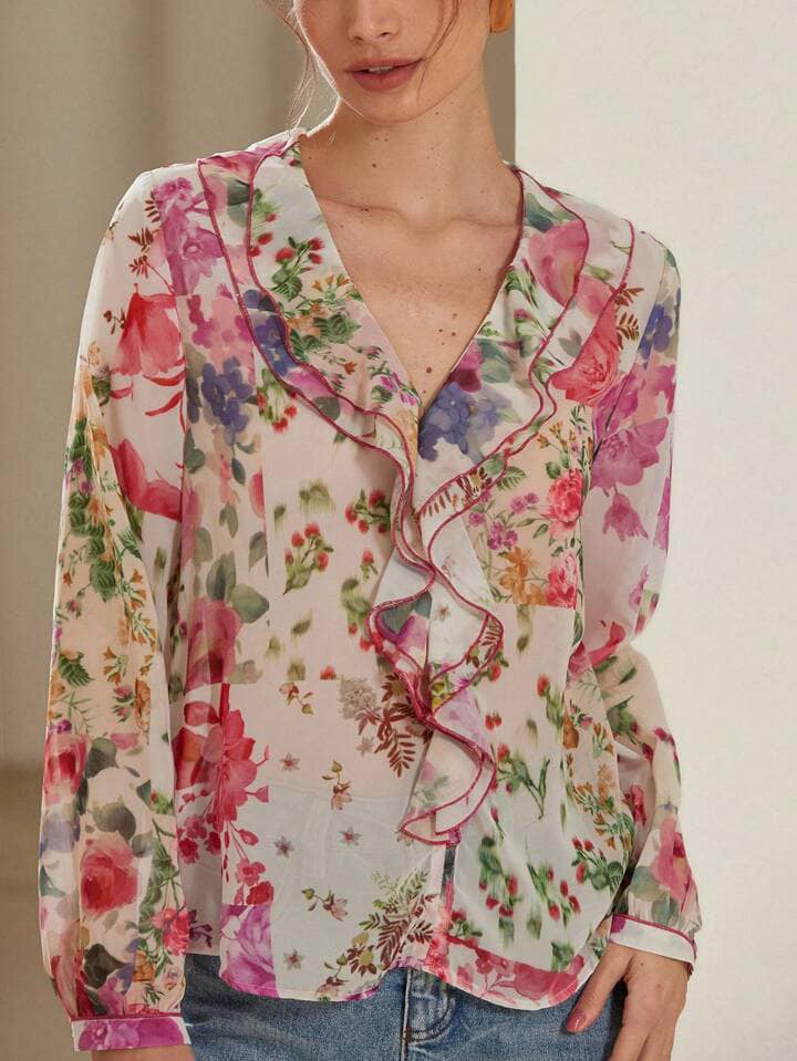 CM-TS828679 Women Trendy Bohemian Style Floral Print Layered Decorative Long Sleeve Blouse