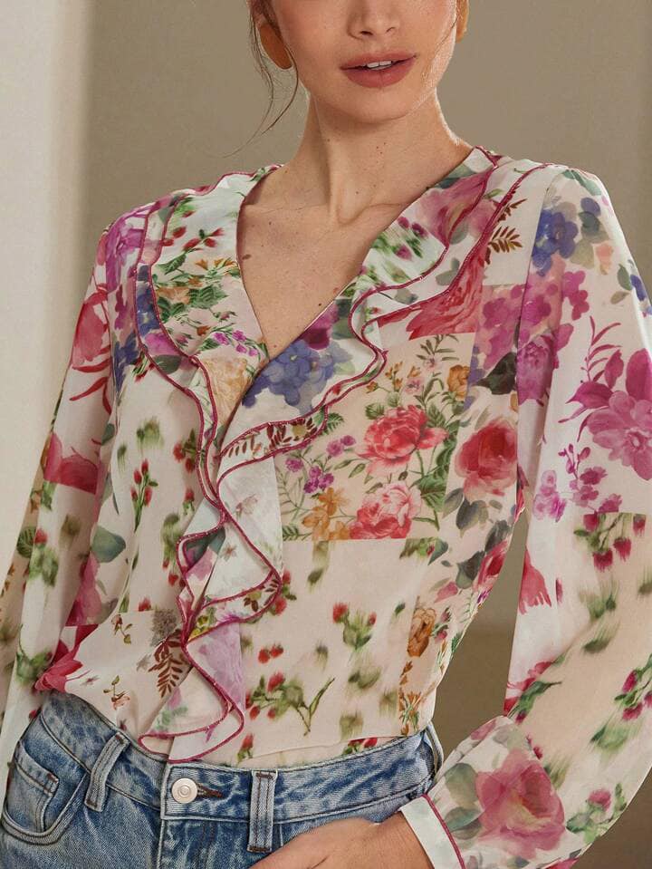 CM-TS828679 Women Trendy Bohemian Style Floral Print Layered Decorative Long Sleeve Blouse