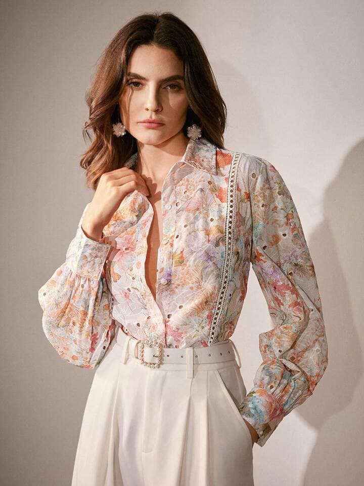CM-TS048222 Women Elegant Seoul Style Floral Embroidered Long Sleeve Loose Blouse