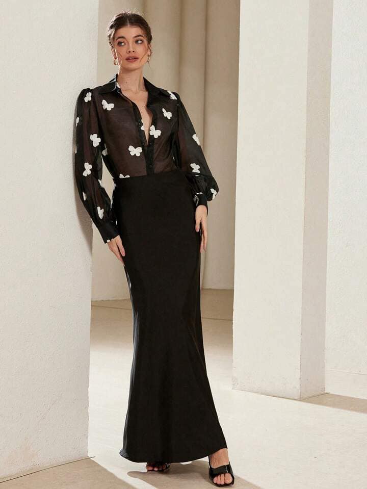CM-TS286881 Women Casual Seoul Style Butterfly Embroidered Bishop Sleeve See-Through Collared Shirt