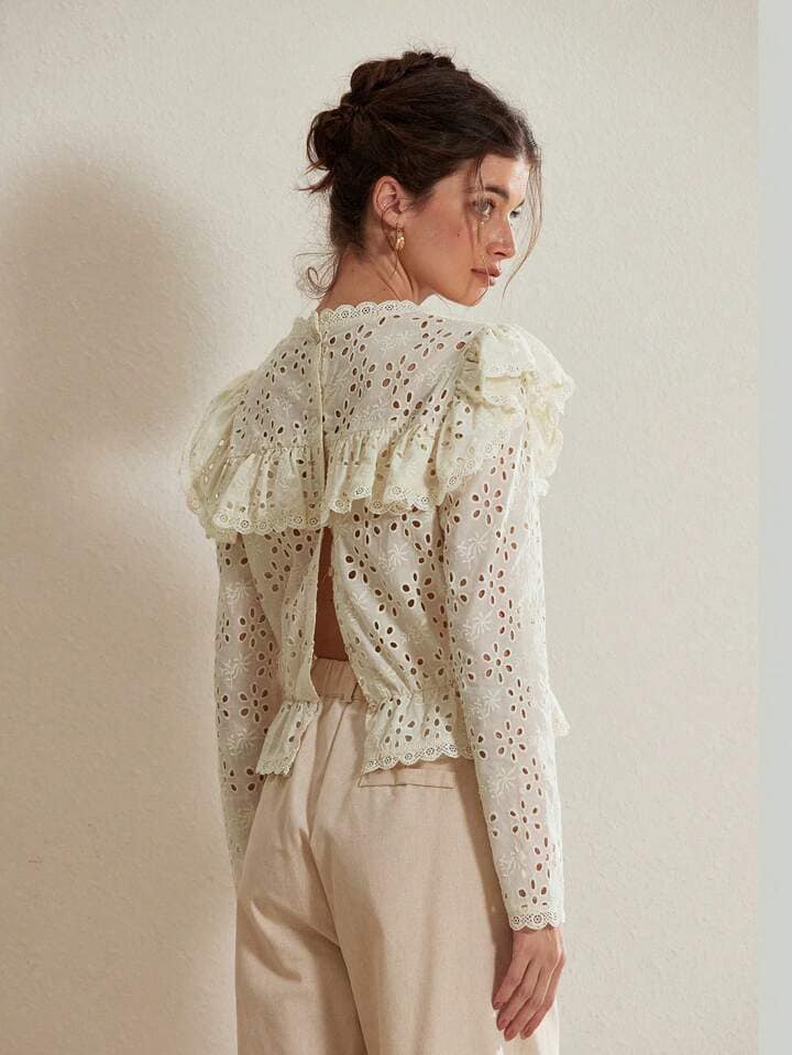CM-TS477171 Women Elegant Seoul Style Embroidered Eyelet Ruffled Collar Long Sleeve Blouse - Apricot