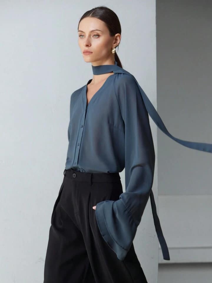CM-TS545045 Women Elegant Seoul Style Chiffon Sheer Ruffle Sleeve Stand Collar Long Sleeve Blouse