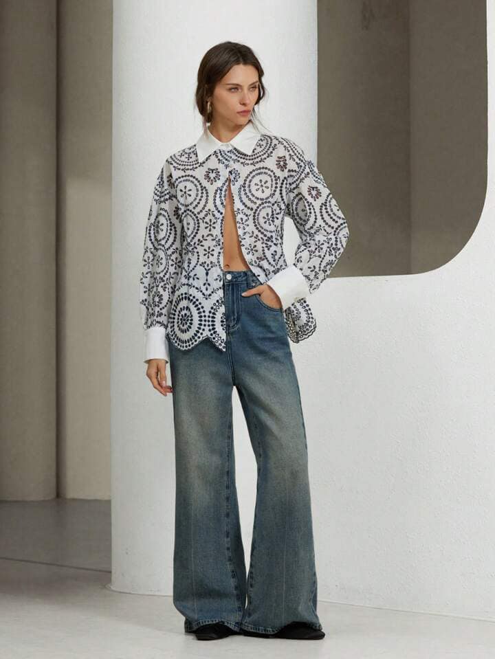 CM-BS876507 Women Trendy Bohemian Style Long Sleeve Trim Line Embroidered Collar Splicing Blouse