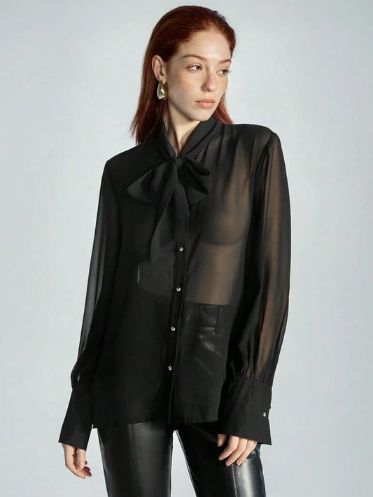 CM-TS183720 Women Casual Seoul Style V-Neck Tie Collar Ribbon Button Down Long Sleeve Blouse - Black
