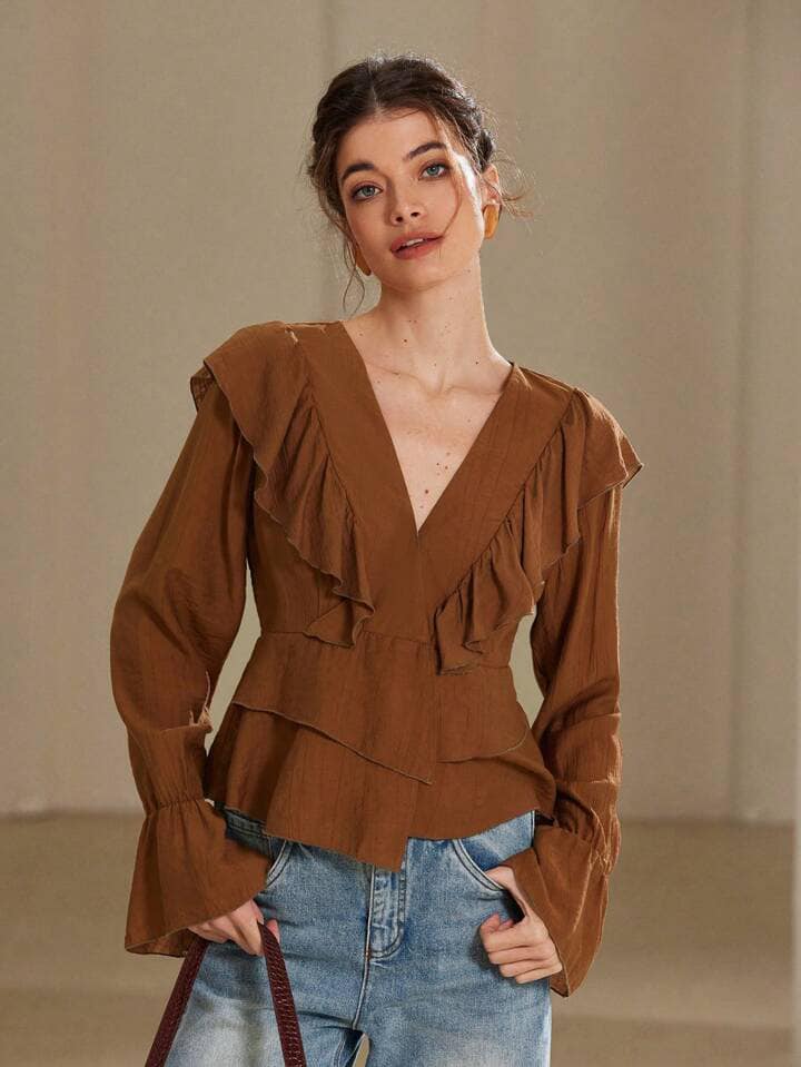 CM-TS378848 Women Elegant Seoul Style V-Neck Asymmetric Ruffle Bow Tie Flare Sleeve Blouse