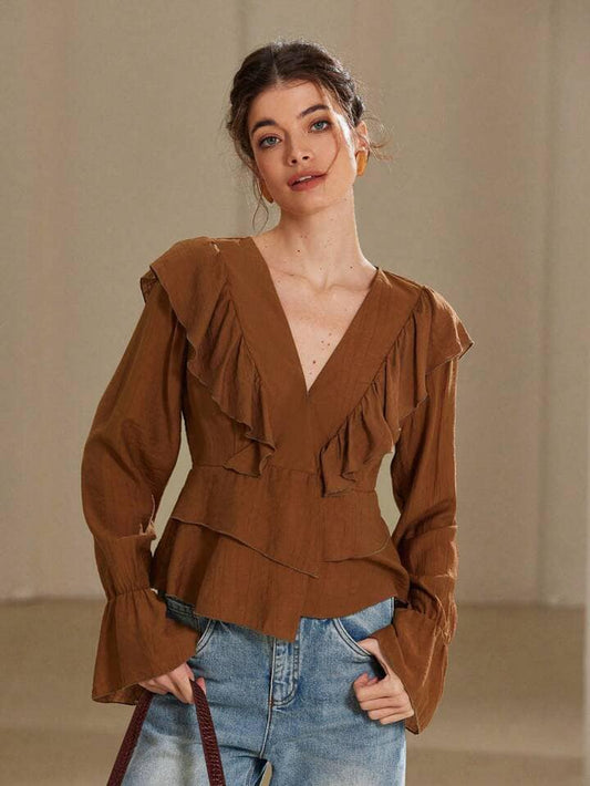 CM-TS378848 Women Elegant Seoul Style V-Neck Asymmetric Ruffle Bow Tie Flare Sleeve Blouse