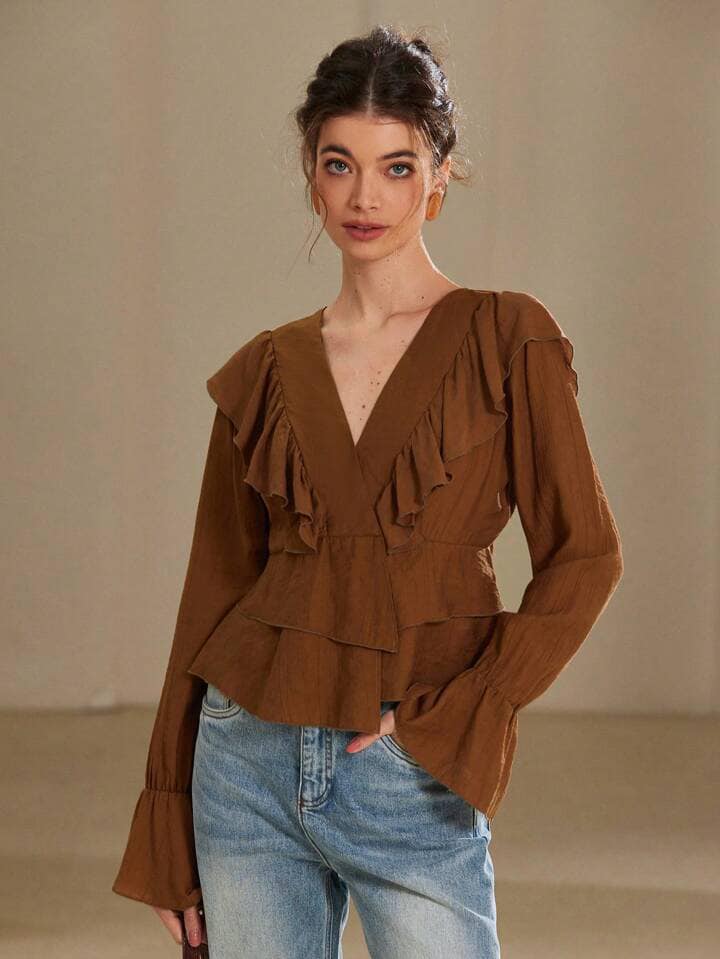 CM-TS378848 Women Elegant Seoul Style V-Neck Asymmetric Ruffle Bow Tie Flare Sleeve Blouse