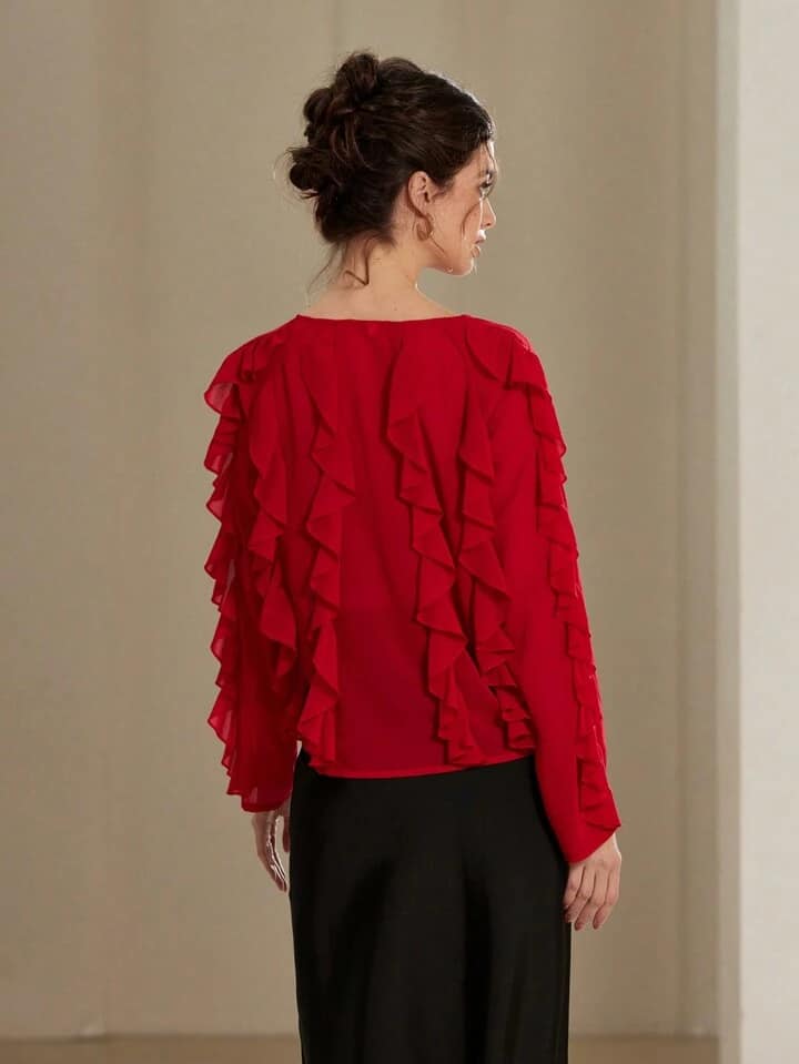 CM-TS974718 Women Elegant Seoul Style Chiffon V-Neck Button Layered Ruffle Long Sleeve Blouse - Red
