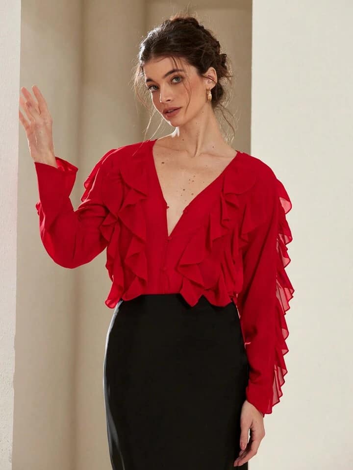 CM-TS974718 Women Elegant Seoul Style Chiffon V-Neck Button Layered Ruffle Long Sleeve Blouse - Red