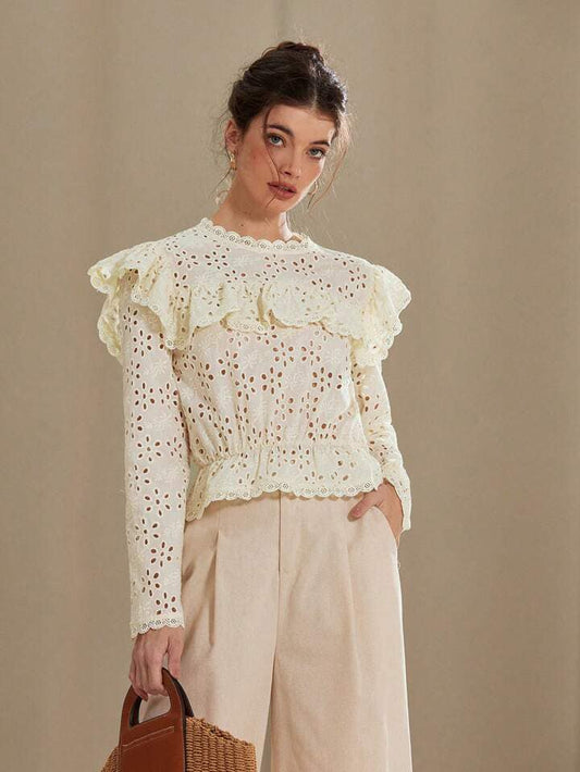 CM-TS477171 Women Elegant Seoul Style Embroidered Eyelet Ruffled Collar Long Sleeve Blouse - Apricot