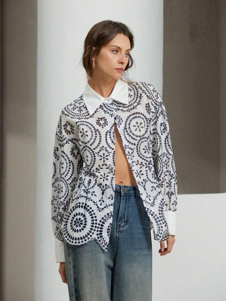 CM-BS876507 Women Trendy Bohemian Style Long Sleeve Trim Line Embroidered Collar Splicing Blouse