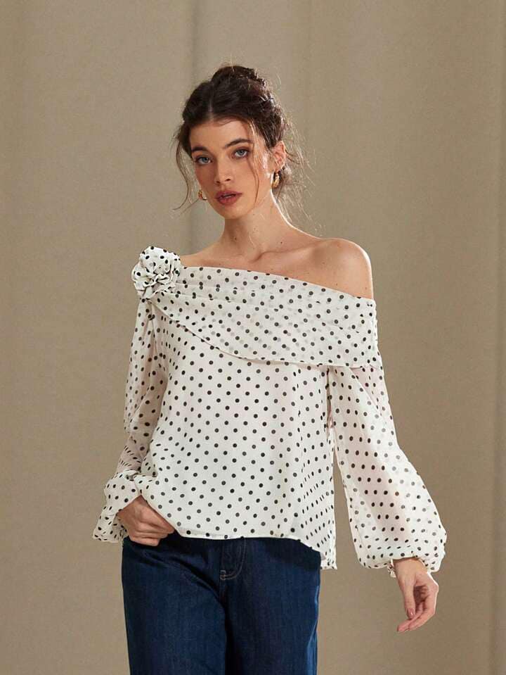 CM-TS429949 Women Elegant Seoul Style Slopped Shoulder Chiffon Floral Decor Polka Dot Long Sleeve Shirt