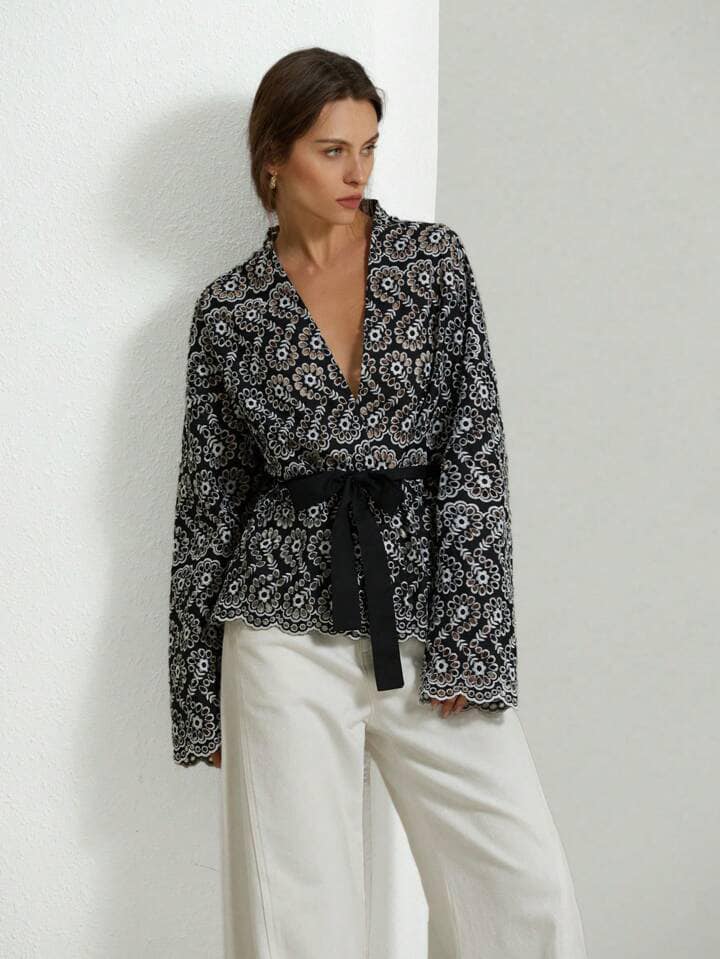 CM-TS999170 Women Trendy Bohemian Style Embroidered Self-Tie Waist V-Neck Lantern Sleeve Blouse