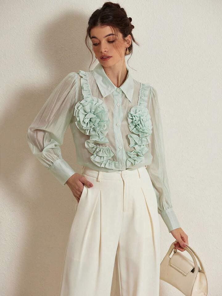 CM-TS396359 Women Elegant Seoul Style Floral 3D Decor Turn-Down Collar Button Long Sleeve Shirt