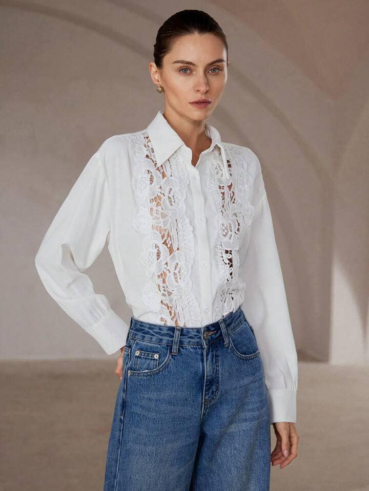 CM-TS227533 Women Elegant Seoul Style Floral Applique Long Sleeve Button-Up Shirt - White