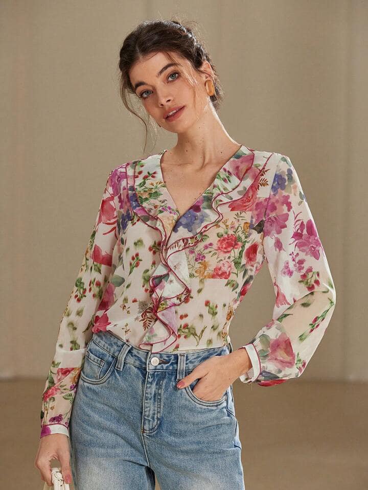 CM-TS828679 Women Trendy Bohemian Style Floral Print Layered Decorative Long Sleeve Blouse