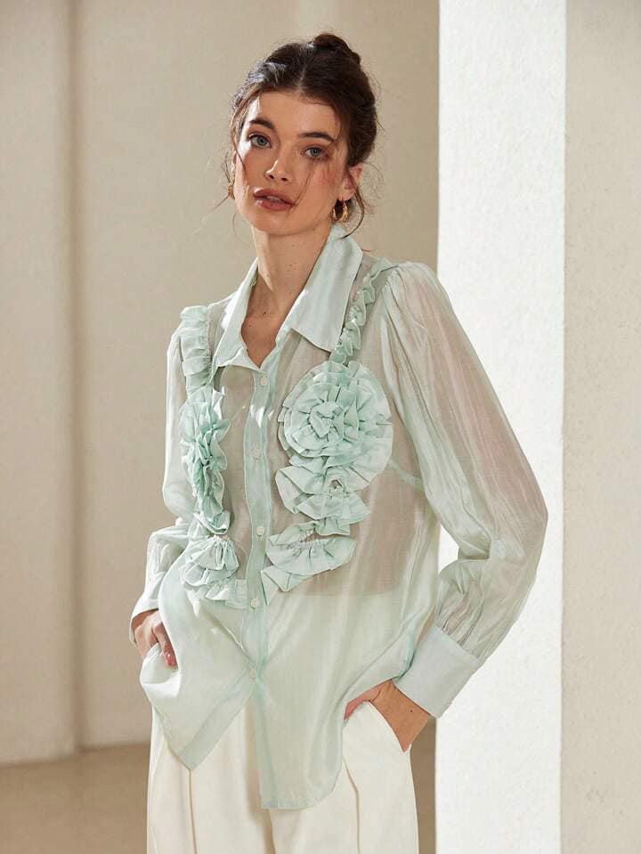 CM-TS396359 Women Elegant Seoul Style Floral 3D Decor Turn-Down Collar Button Long Sleeve Shirt